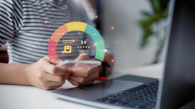 Customer can evaluate quality of service leading to reputation ranking of business. User give rating to service experience on online application, Customer review satisfaction feedback survey concept. photo