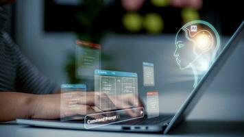 Technology and people concept women use AI to help work, AI Learning and Artificial Intelligence Concept. Futuristic technology transformation. photo