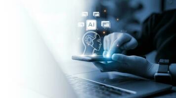 Technology and people concept women use AI to help work, AI Learning and Artificial Intelligence Concept. Futuristic technology transformation. photo