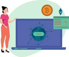 The girl is working on cryptocurrencies. vector