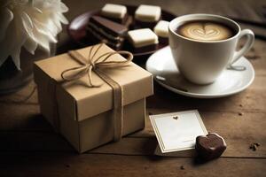 teacup filled with cappuccino beside box, photo