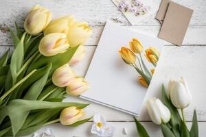 Beautiful yellow tulips on wooden background, AI Generative photo
