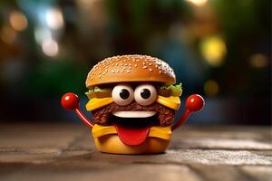 Funny cute happy hamburger character, photo