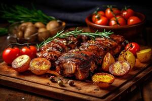 Grilled pork ribs served on a wooden table, photo