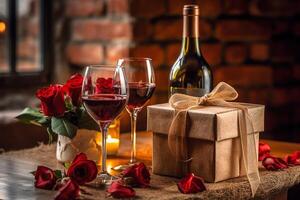 Valentine Gift, Red Wine and Roses, photo