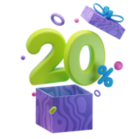 3d 20 percent discounts opened gift box sales promo illustration concept icon png