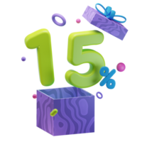 3d 15 pour cent remises ouvert cadeau boîte Ventes promo illustration concept icône png