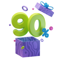 3d 90 procent kortingen geopend geschenk doos verkoop promo illustratie concept icoon png
