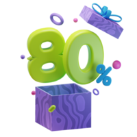 3d 80 percent discounts opened gift box sales promo illustration concept icon png