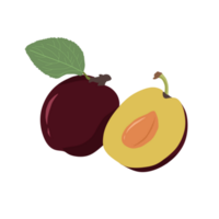 Illustration of whole and split plums with green leaves png