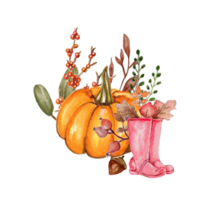 waterverf hand- getrokken herfst bladeren en pompoenen samenstelling. illustratie van herfst. perfect voor scrapbooken, kinderen ontwerp, bruiloft uitnodiging, affiches, groeten kaarten, partij decoratie. png