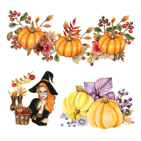 Watercolor hand drawn autumn leaves and pumpkins composition. Illustration of autumn. Perfect for scrapbooking, kids design, wedding invitation, posters, greetings cards, party decoration. png