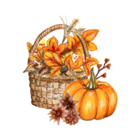 Watercolor hand drawn autumn leaves and pumpkins composition. Illustration of autumn. Perfect for scrapbooking, kids design, wedding invitation, posters, greetings cards, party decoration. png