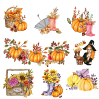 Watercolor hand drawn autumn leaves and pumpkins composition. Illustration of autumn. Perfect for scrapbooking, kids design, wedding invitation, posters, greetings cards, party decoration. png