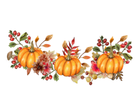 Watercolor hand drawn autumn leaves and pumpkins composition. Illustration of autumn. Perfect for scrapbooking, kids design, wedding invitation, posters, greetings cards, party decoration. png