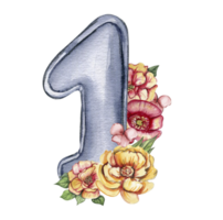 Watercolor hand drawn numbers and flowers composition. Illustration of a numbers. Perfect for scrapbooking, kids design, wedding invitation, posters, greetings cards, party decoration. png