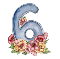 Watercolor hand drawn numbers and flowers composition. Illustration of a numbers. Perfect for scrapbooking, kids design, wedding invitation, posters, greetings cards, party decoration. png