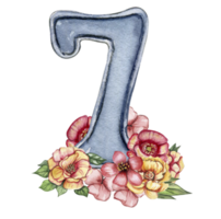Watercolor hand drawn numbers and flowers composition. Illustration of a numbers. Perfect for scrapbooking, kids design, wedding invitation, posters, greetings cards, party decoration. png