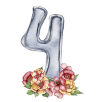 Watercolor hand drawn numbers and flowers composition. Illustration of a numbers. Perfect for scrapbooking, kids design, wedding invitation, posters, greetings cards, party decoration. png