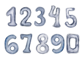 Watercolor hand drawn blue numbers. Illustration of a numbers. Perfect for scrapbooking, kids design, wedding invitation, posters, greetings cards, party decoration. png