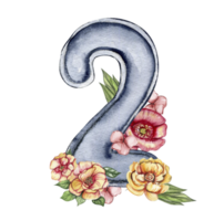 Watercolor hand drawn numbers and flowers composition. Illustration of a numbers. Perfect for scrapbooking, kids design, wedding invitation, posters, greetings cards, party decoration. png