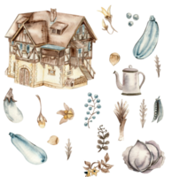 Aquarell Hand gezeichnet Herbst Bauernhof Haus und Meer Sanddorn. Hand gezeichnet Illustration von Herbst. perfekt zum Scrapbooking, Kinder Design, Hochzeit Einladung, Poster, Schöne Grüße Karten, Party Dekoration. png