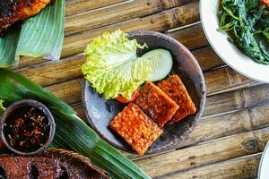 Grilled tempeh or fried tempeh with red barbecue sauce, vegetables and chili sauce served on an earthenware mortar photo