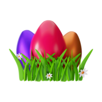 3D Rendering Of Colorful Easter Eggs With Grass, Flowers. png