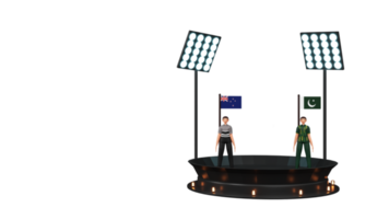 3D Render Of Cricket Match Between New Zealand VS Pakistan With Cricketer Players Standing On Stage. png