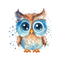 Cute watercolor blue owl. Illustration png