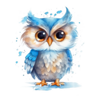 Cute watercolor blue owl. Illustration png