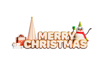 3d framställa, glad jul text med söt snögubbe njuter dryck, xmas träd och gåva låda. png
