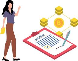 The girl has a bitcoin contract. vector