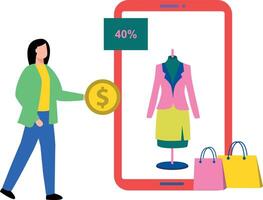 Girl shopping online at  discount. vector