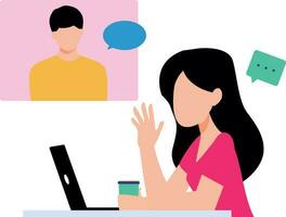 Girl chatting online with guy on laptop. vector