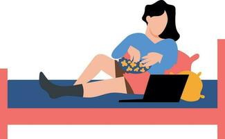 Girl looking at laptop on bed. vector