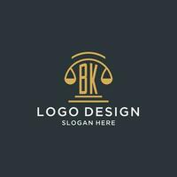 BK initial with scale of justice logo design template, luxury law and attorney logo design ideas vector