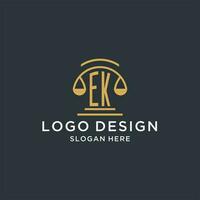 EK initial with scale of justice logo design template, luxury law and attorney logo design ideas vector