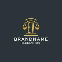 EV initial with scale of justice logo design template, luxury law and attorney logo design ideas vector