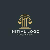 MT initial with scale of justice logo design template, luxury law and attorney logo design ideas vector