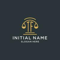 TF initial with scale of justice logo design template, luxury law and attorney logo design ideas vector