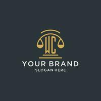 WC initial with scale of justice logo design template, luxury law and attorney logo design ideas vector