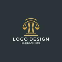 XX initial with scale of justice logo design template, luxury law and attorney logo design ideas vector