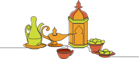 Ramadan Kareem greeting card, poster and banner design. One single line drawing of Islamic ornament lantern, glass, dates fruit, food, drink and teapot. Continuous line draw illustration png