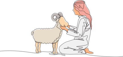 uno soltero línea dibujo de joven musulmán participación un oveja. islámico fiesta el sacrificio un cabra o oveja, eid Alabama adha saludo tarjeta concepto continuo línea dibujar diseño ilustración png