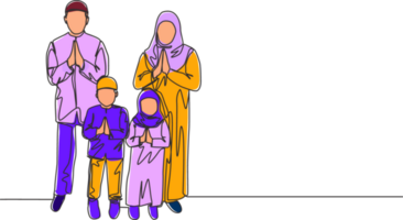 Ramadan Kareem greeting card, poster and banner design. One single line drawing of happy muslim Islamic family - father, mother, daughter and son. Eid Mubarak continuous line draw illustration png
