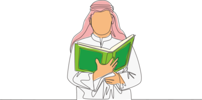 Single kontinuierlich Linie Zeichnung von jung Muslim Person lesen und rezitieren Koran im traditionell arabisch Tuch. islamisch heilig Tag Ramadan kareem Gruß Karte Konzept einer Linie zeichnen Design Illustration png