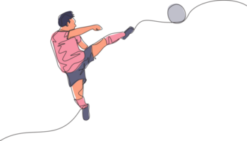 uno singolo linea disegno di giovane contento calcio giocatore pratica calciando il palla mentre salto a il campo stadio. calcio incontro gli sport concetto. continuo linea disegnare design illustrazione png