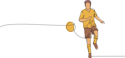 un Célibataire ligne dessin de Jeune content Football joueur avec court manche calmement contrôler le Balle réussi à lui. football rencontre des sports concept. continu ligne dessiner conception illustration png