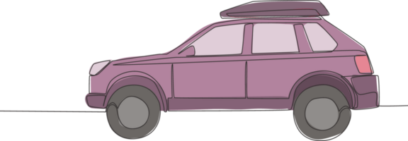 continu ligne dessin de dure suv voiture avec toit étagère. aventure véhicule transport concept. un Célibataire continu ligne dessiner conception png